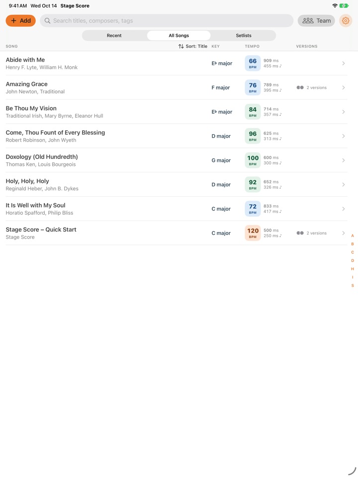Library list with songs, composers, keys, tempo badges and versions