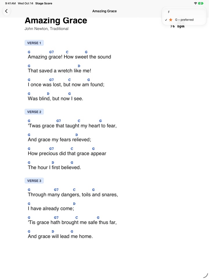Reader showing Amazing Grace with the version menu open: F and G (preferred)