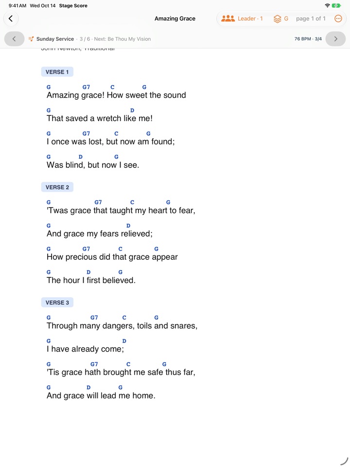 Leader's iPad playing song 3 of 6 from the Sunday Service setlist
